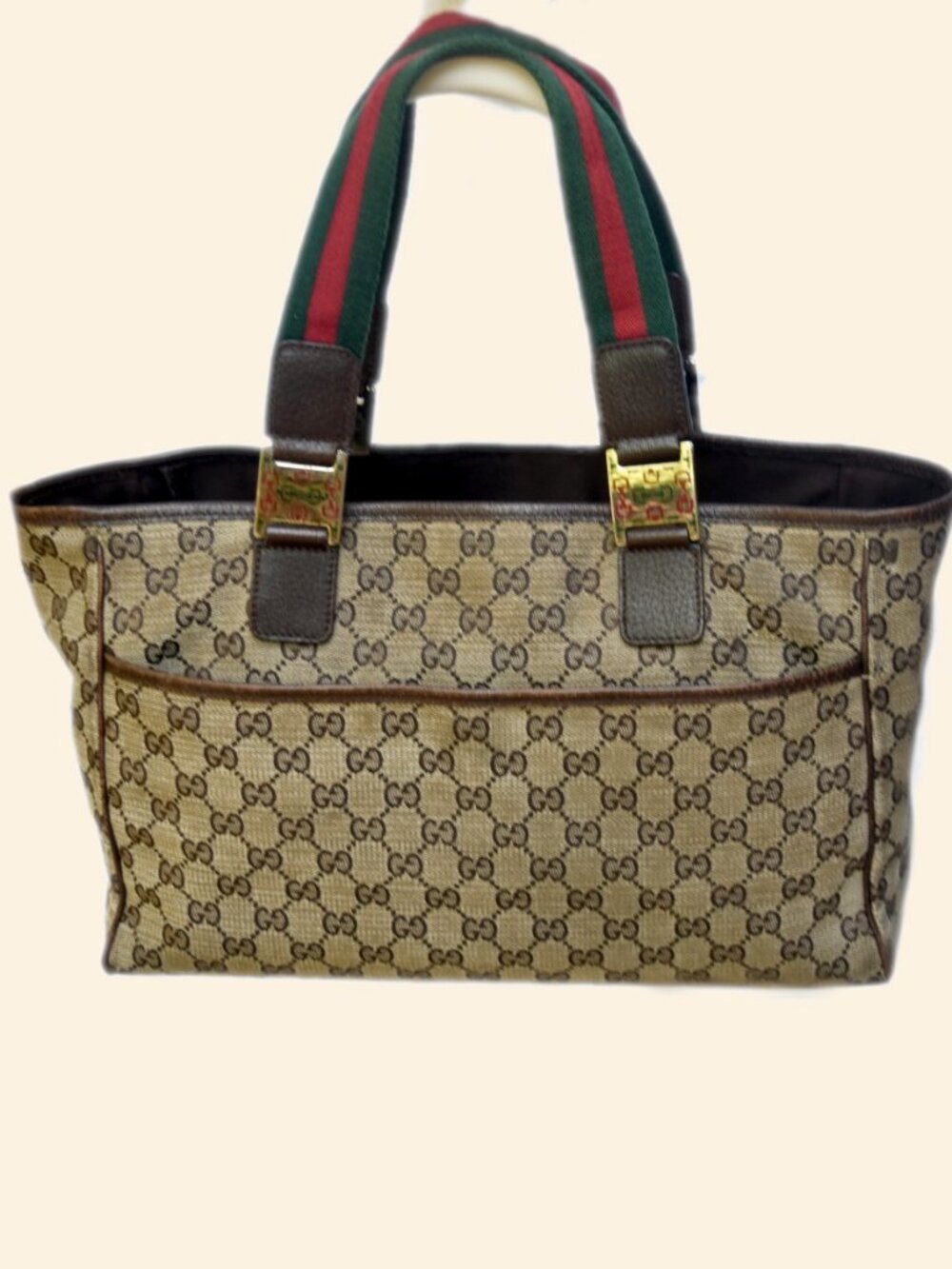 Gucci GG Canvas Web Stripe Tote Bag Vintage Brown Monogram Italy - Picture 1 of 16
